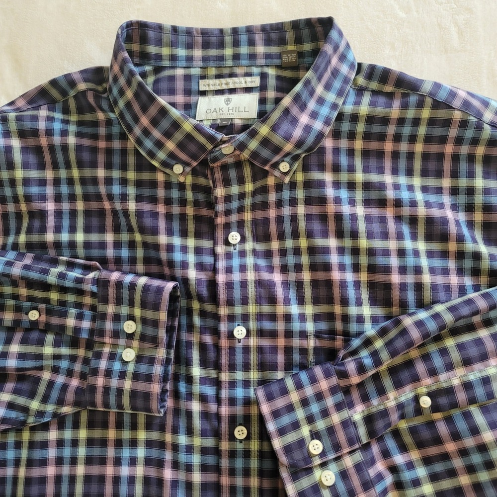 Oak Hill 3XL Plaid Button Down Shirt Purple Blue Wrinkle Free Cotton Long Sleeve